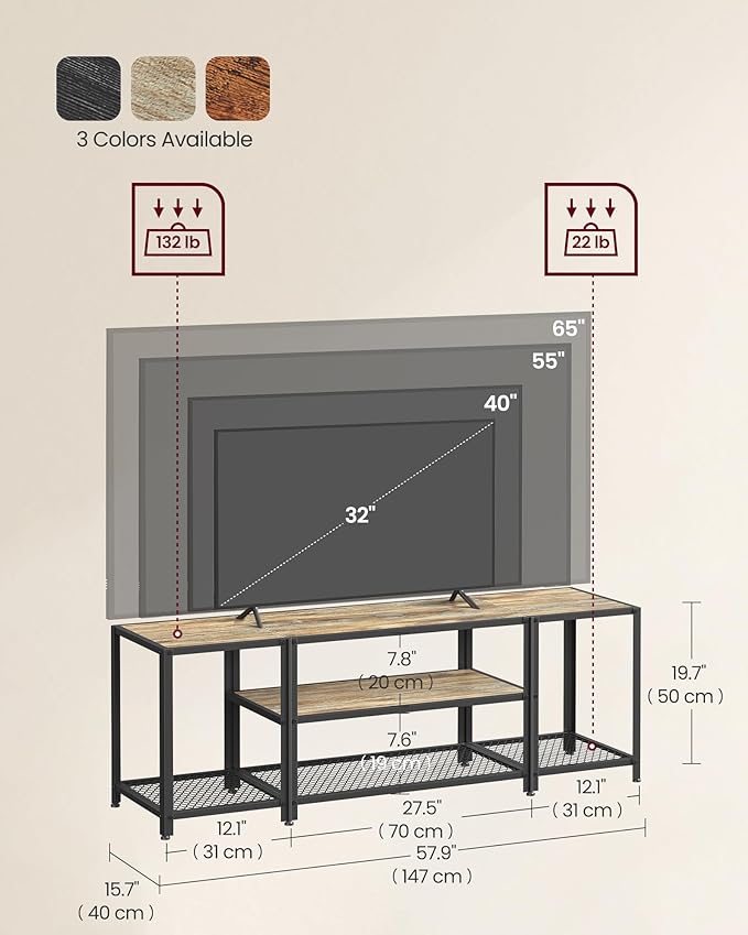 VASAGLE Modern TV Stand for TVs up to 65 Inches, 3-Tier Entertainment Center, Industrial TV Console Table with Open Storage Shelves, for Living Room, Bedroom, Turquoise Brown and Black ULTV097B60
