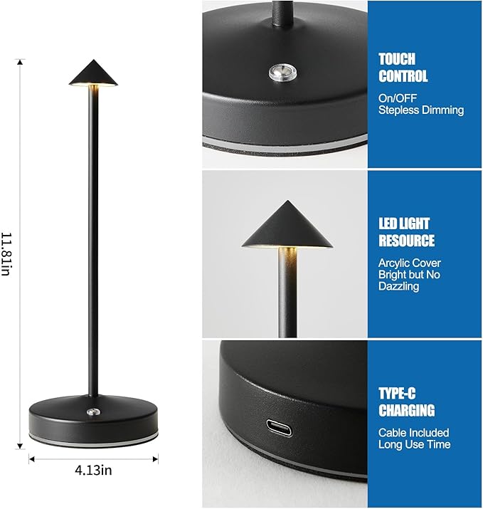 3w Led Cordless Rechargeable Table Lamps,3000 Mah Battery Operated Lamp 2 Level Led Table Lamp Small Touch Table Lamp in Aluminium 3000k Dimmable Table Lamps Set of 2 (Black)
