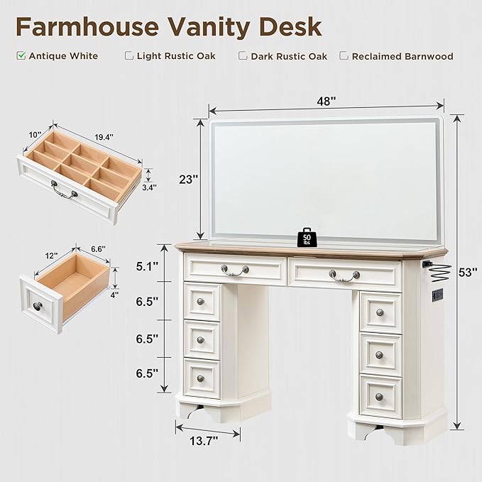 Makeup Vanity Desk with 48" HD Lighted Mirror, Farmhouse Vanity Desk with 8 Drawers, Vanity Table with 3 Color Modes, Dressing Table with Glass Top and Power for Bedroom (Antique White)