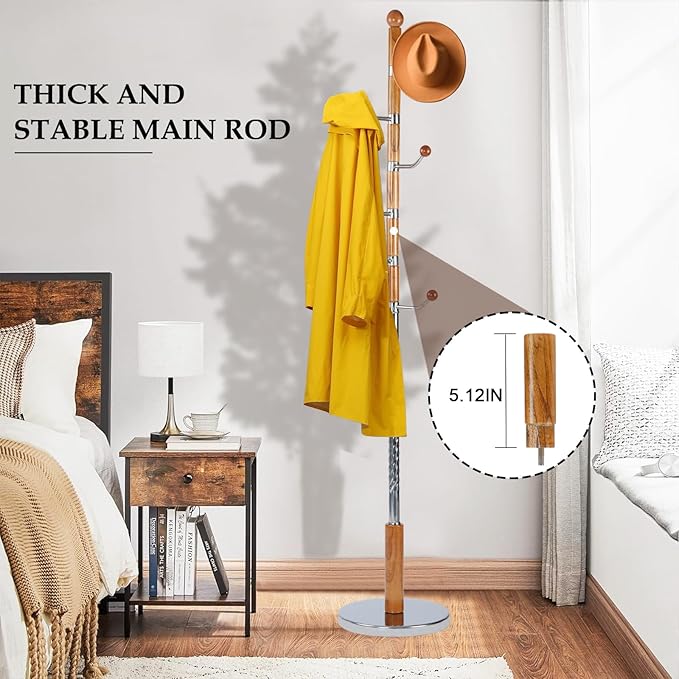 Wood Coat Rack Freestanding, Natural Coats Tree Stand with 14 Hooks, 73" Sturdy and Easy Assembly Coat Rack Stand for Entryway, Hallway, Bedroom, Bags, Hats (Metal Disc Base, Swivel Hook)