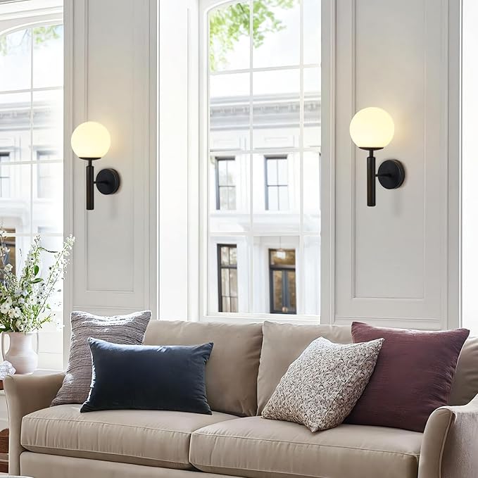 KCO Lighting Black Modern Glass Globe Wall Sconce Mid Century Wall Mounted Set of 2 Vanity Light for Bedroom Living Room Aisle(Black 2 Pack)