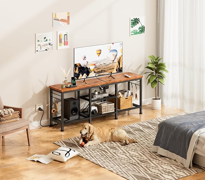 Furologee TV Stand with Power Outlets, Entertainment Center with Open Storage Shelves for TVs up to 55 Inch, Media Console Table with Soundbar Shelf for Living Room, Bedroom, Rustic Brown