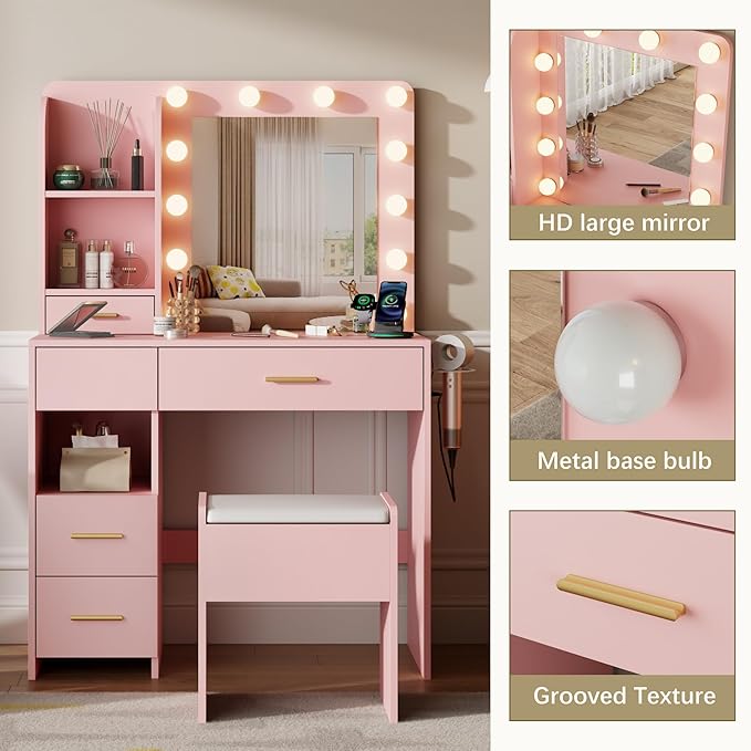 Vanity Desk with Mirror and Lights, 3 Adjustable Lighting Makeup Vanity Desk with 3 Storage Shelves, 5 Large Drawers and Power Outlet, Vanity with Chair for Bedroom, Pink