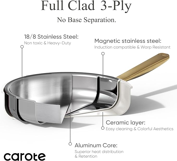 CAROTE 24pcs Tri-Ply Stainless Steel Cookware Set, Pots and Pans Set, Non Stick Induction Kitchen Cooking Sets, Nonstick Cookware Collection, Outer Ceramic Layer, Cream White