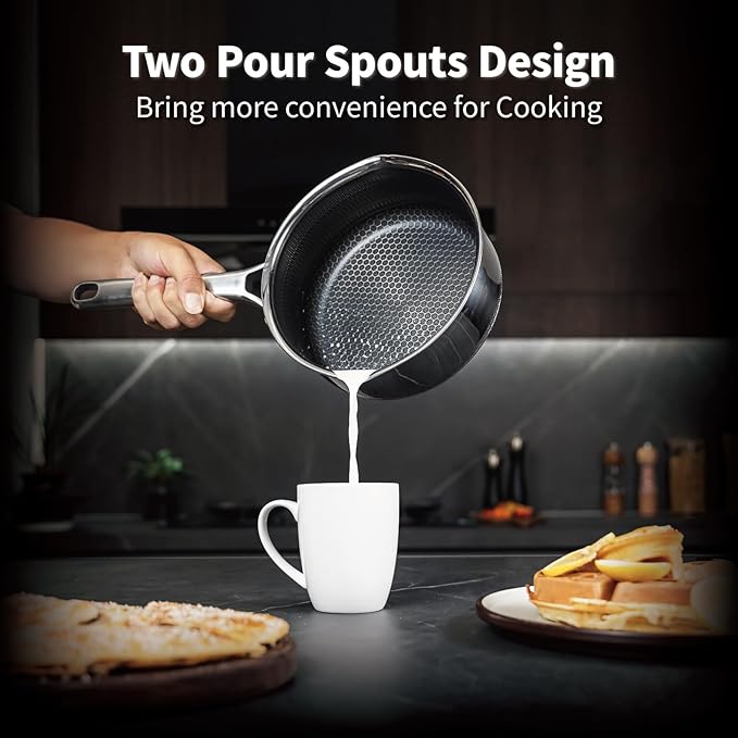 Hybrid Nonstick 2 QT Saucepan with Lid, Stainless Steel Honeycomb Pot with Two Pour Spouts,Compatible with All Cooktops,Dishwasher and Oven Safe