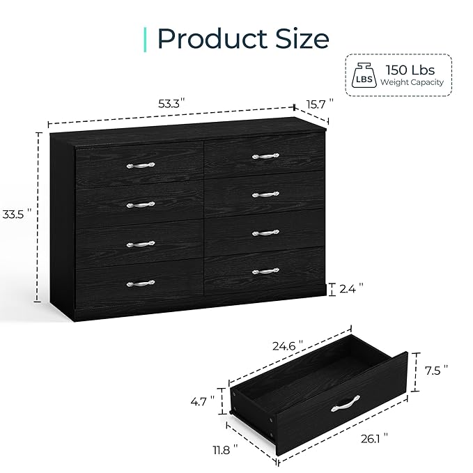LINSY HOME 8 Drawer Dresser for Bedroom, 54" Wide Chest of Drawers, Modern TV Stand Dressers with Wood Frame and Metal Handles, Large Drawer Organizer for Bedroom, Living Room, Black