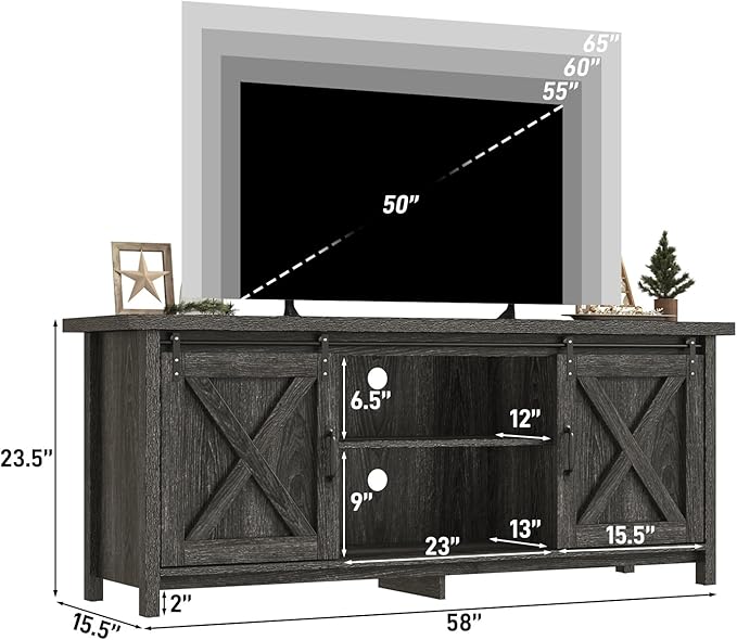 Farmhouse TV Stand for 65 Inch TV with Sliding Barn Door, Rustic Wood Entertainment Center Large Media Console Cabinet Long Television Stands,Console Table and Media Furniture for Living Room(Grey)
