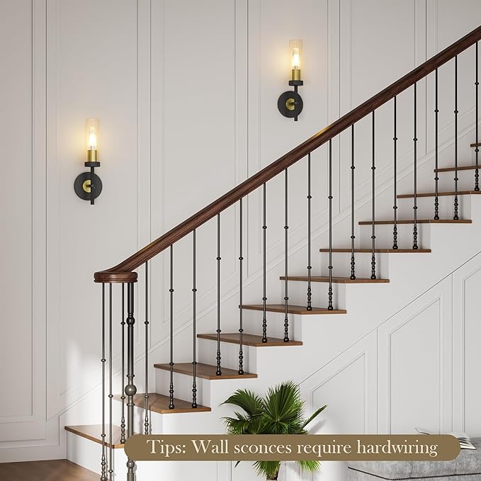 Wall Sconces Set of 2 (with 2 Bulbs), Modern Bathroom Wall Sconces Lighting with Thickened Glass, Hardwired Wall Mount Light Fixtures for Bathroom, Bedroom, Hallway, Living Room(Black & Gold)