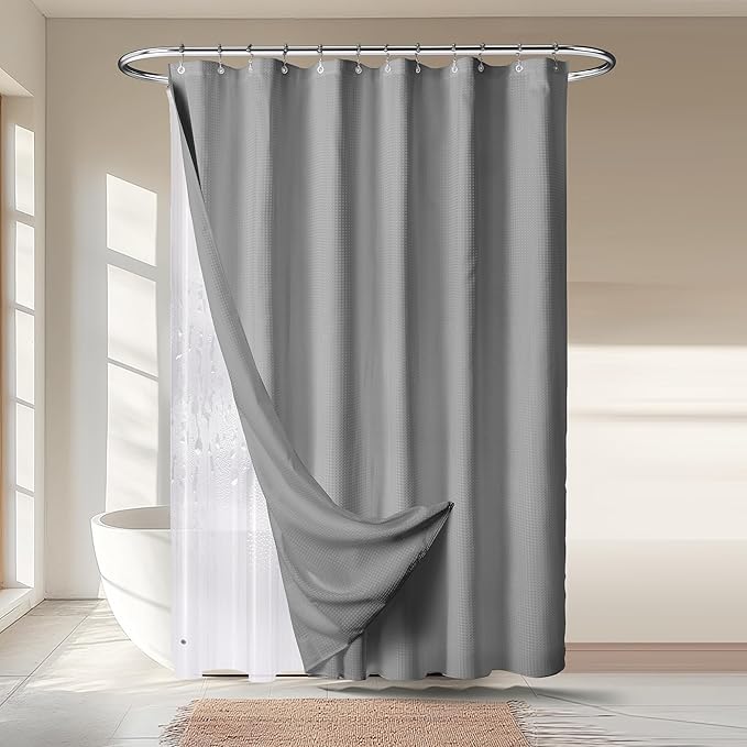 River Dream Grey Shower Curtain with Liner Set, Waffle Fabric Shower Curtain and Waterproof Clear Liner Set with Double Sided Metal Hooks, 72" W*72" H