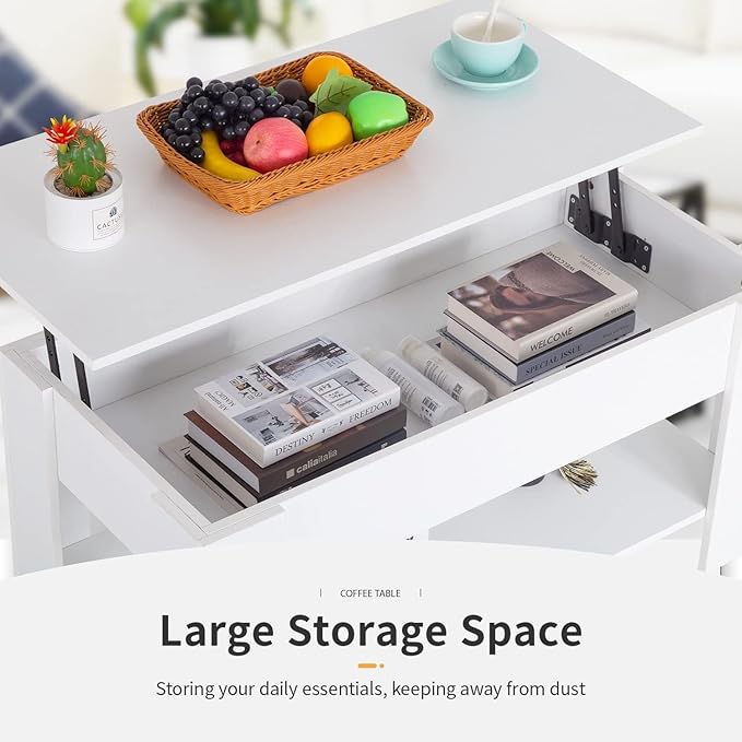 FDW 39.4" Lift Top Coffee Table with Hidden Compartment and Storage Shelf Wooden Lift Tabletop for Home Living Room Reception Room Office,White