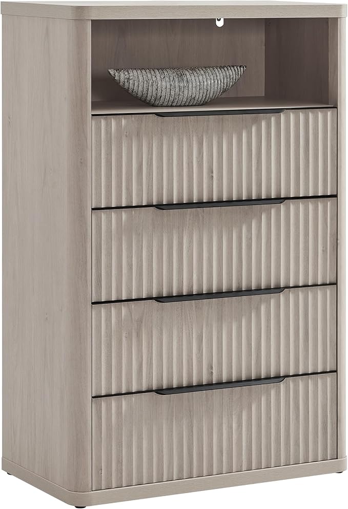 SICOTAS Dresser for Bedroom - Tall Dressers & Chests of Drawers with 4 Drawers Large Modern Dresser for Closet Fluted Wide TV Stand Clothes Closet Storage for Bedroom Hallway Entryway, White Alder