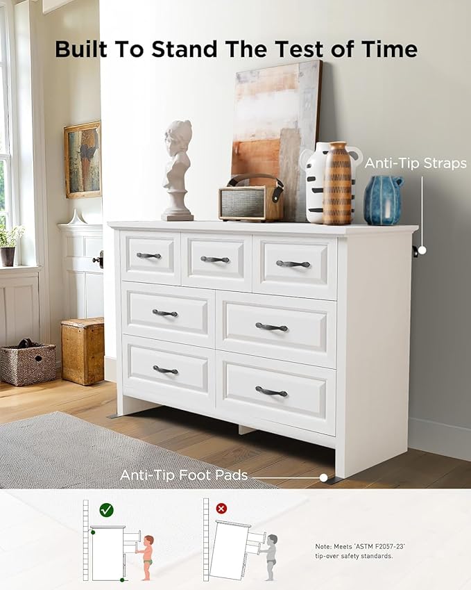 Pipishell White 7 Drawers Dresser for Bedroom, 47" Wide Wood Rustic Chest of Drawers with Bar Handles, Farmhouse Storage Dressers Organizer for Bedroom, Living Room, Hallway, White