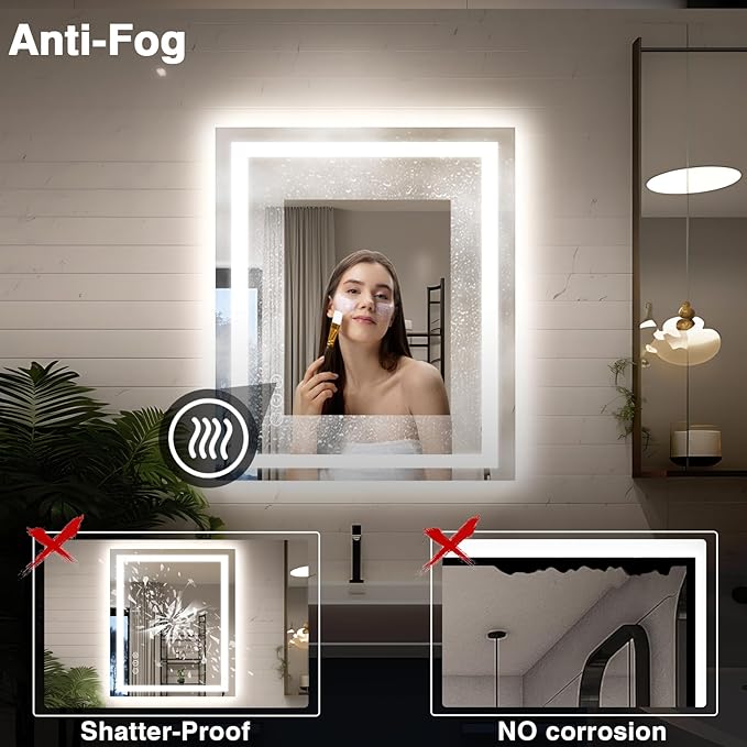 30"x36" LED Bathroom Mirror with Lights, Front and Backlit Mirror, Anti-Fog Vanity Mirror with Lights, Stepless Dimmable LED Mirror, 3 Colors Smart (Horizontal/Vertical)