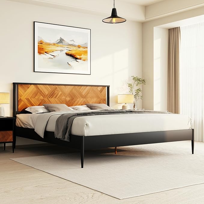 Lenia 14-Inch Queen Size Platform Bed Frame with Headboard – Heavy Duty Acacia Wood, Mid-Century Modern Style, 12 Slats for Support, No Box Spring Needed, Noise-Free, Easy Assembly, Teak Brown