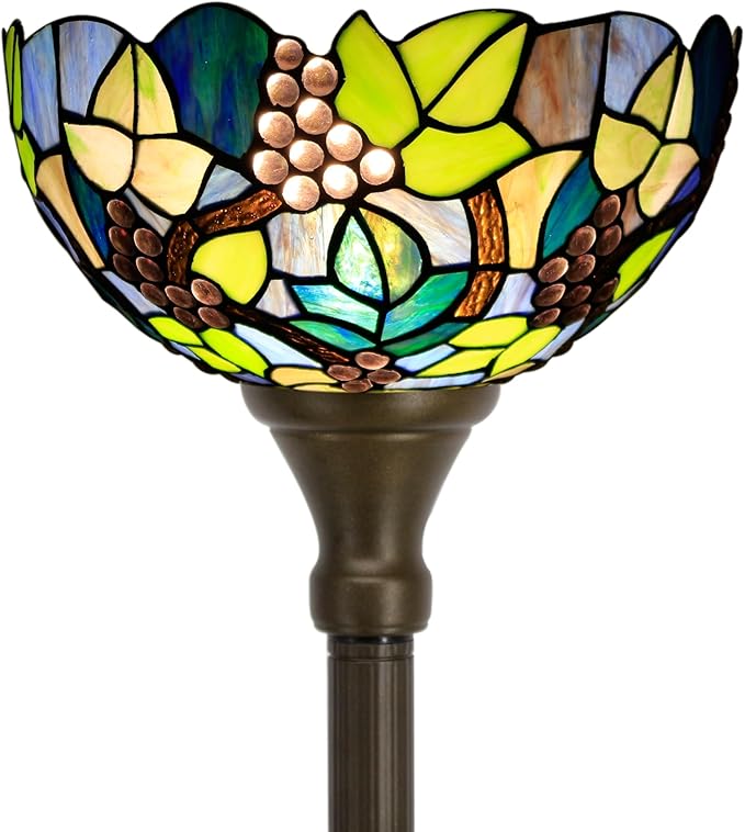 Tiffany Floor Lamp Torchiere Stained Glass Torch Lamp 12X12X67 Inch Antique Standing Corner Light (Amber Grape)