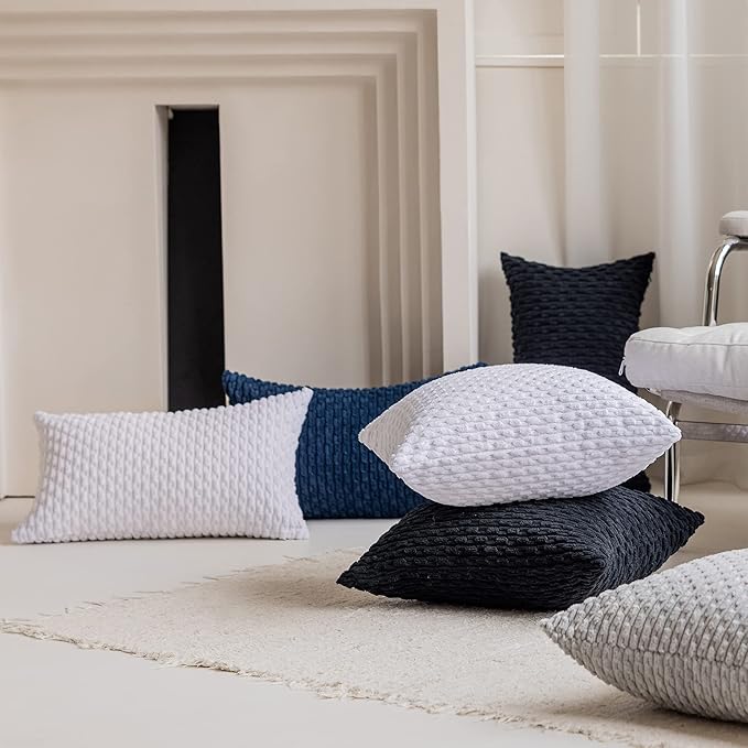 Kevin Textile Pack of 2 Corduroy Decorative Throw Pillow Covers 22x22 Inch Soft Boho Striped Pillow Covers Modern Farmhouse Home Decor for Spring Sofa Living Room Couch Bed Pure White