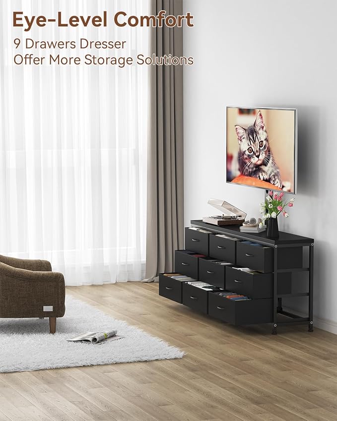 TV Stand with Mount for 32/55/65/75/85 inch TVs, Entertainment Center with 9 Fabric Drawers Dresser Storage, Height Adjustable Media Console