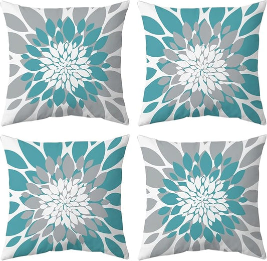 Qahing Pack of 4 Outdoor Waterproof Pillow Covers 18x18 Decorative Outdoor Throw Pillows Garden Square Cushion Cases for Patio Furniture, Couch, Tent Sunbrella, Bench, Teal Turquoise Grey