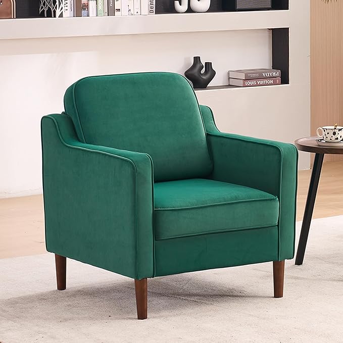 Mid Century Modern Accent Chair, Upholstered Reading Armchair for Living Room, Velvet Comfy Sofa Chair with Wood Legs for Bedroom, Office, Waiting Room, Green