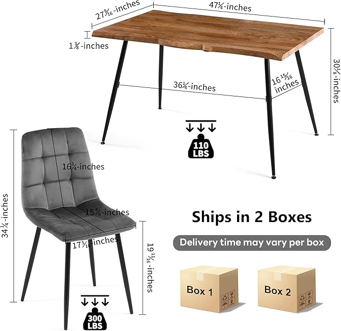 NORDICANA 5-Piece Dining Table Set, 47 in Modern Irregular Rectangle Kitchen Table & 4 Grey Velvet Upholstery Side Chairs, Metal Legs, Dining Room Set for 4