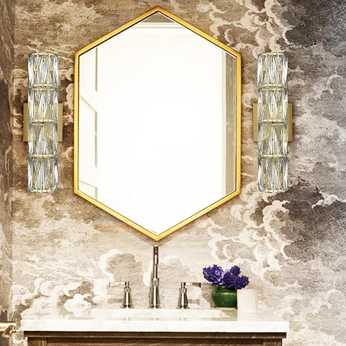 SAMTEEN Gold Wall Sconce Modern Crystal Sconces Wall Lighting 4-Light Bathroom Wall Mount Light Crystal Vanity Light Fixture for Bedroom Hallway Living Room