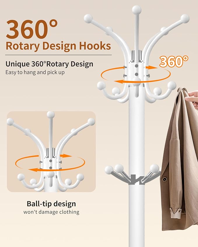 Metal Coat Rack with Natural Marble Base,360°Rotary Coat Rack Stand with 14 Hooks,Modern Freestanging Coat Racks for Entryway,Office,White Coat Jacket Hanger Tree Stand for Coats, Scarves