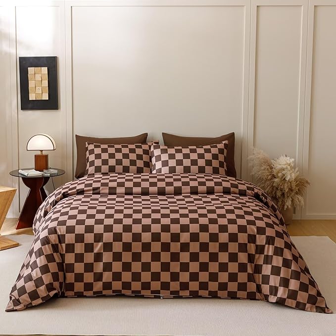 Luxlovery Brown Plaid Comforter Set Queen Coffee Grid Bedding Comforter Set Women Men Queen Size Soft Breathable Blanket Quilts Dark Brown Geometric 3pcs Bedding Set for Full Bed
