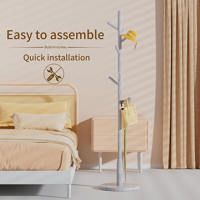 Solid Wood Round Base Coat Rack, Free Standing Hall Coat Tree with 8 Hooks（+2 spare for Coats, Hats, Bags, Purses, for Entryway, Hallway, Rubberwood Hooks,Base and Pole(Round Base,White)