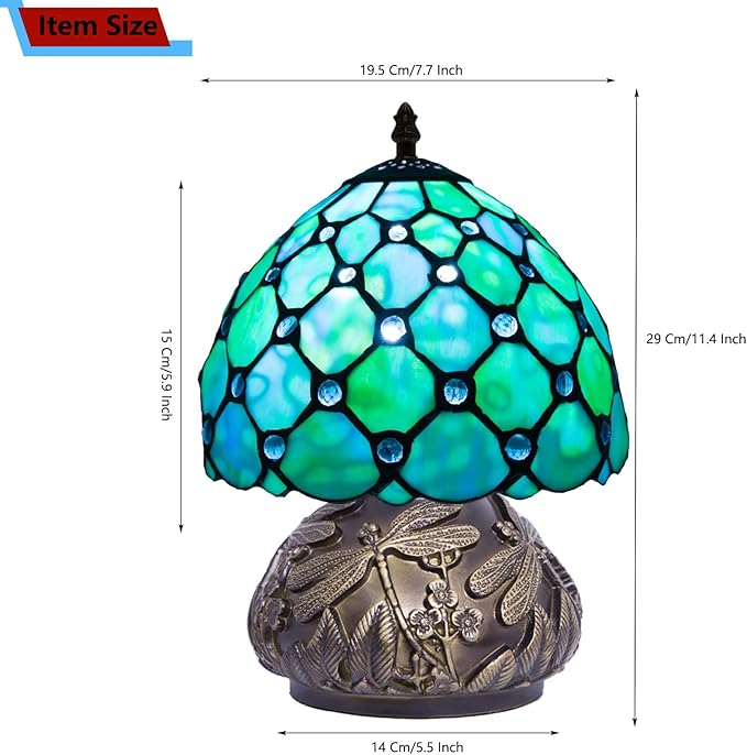 Small Tiffany Stained Glass Lamp, 3 Color Temperatures Bedside Lamp, 8 Inch Blue Pearl Beads Style Mushroom Desk Light for Bedroom Living Room Office Home Decor (Blue)