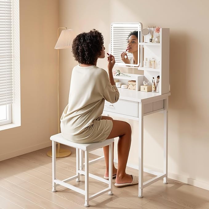 Makeup Vanity Desk with Mirror and Lights, Small Vanity with Fabric Storage Drawer & Chair & Shelves, White Compact Makeup Vanity Set for Bedroom