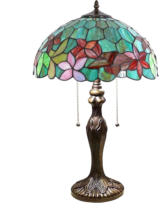 Tiffany Table Lamp Stained Glass Lamp 16X16X24 Inch Antique Reading Light (Green Red Flowers)