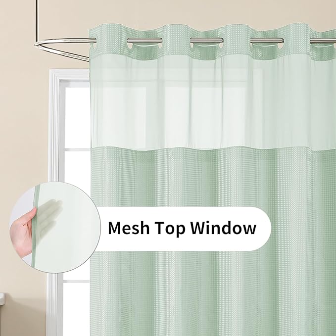 No Hook Shower Curtain with Snap in Fabric Liner, Waffle Weave Heavy Duty Thick Shower Curtains with Mesh Top Window, Hotel Style Waterproof Bathroom Curtain Set, 72 x 75 Inch, Mint Green
