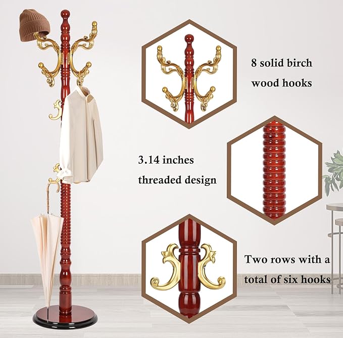 Coat Rack Stand, Solid Wooden Coat Tree with 14 Hooks, Heavy Duty Coat Rack Freestanding with Sturdy Round Base, Natural Birch Wood Coat Hanger Stand for Entryway Bedroom (Begonia)