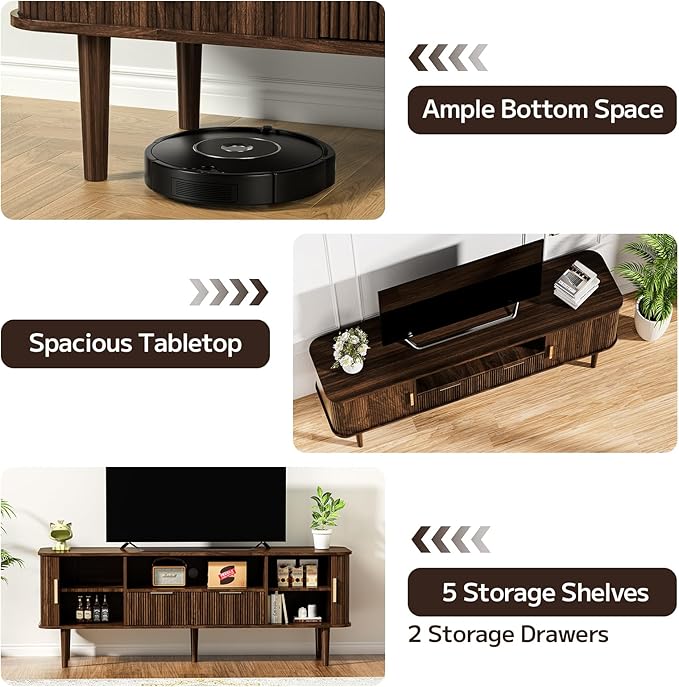 TV Stand 62.4 Inch Mid Century Modern Media Console Table with Drawer Shelves Sliding Tambour Door Farmhouse Sideboard Buffet Cabinet Fits TVs up to 75 inch Fluted Wood Entertainment Center