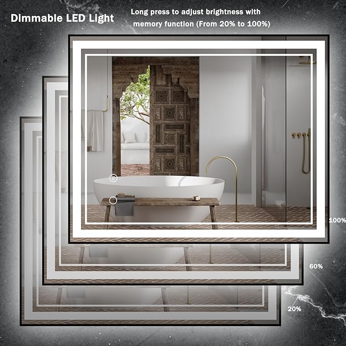 40" x 32" LED Bathroom Mirror with Lights Framed LED Mirror for Bathroom Backlit and Front Lighted Bathroom Mirror Black Square Aluminum Frame Anti-Fog Dimmable Vanity Adjustable Memory