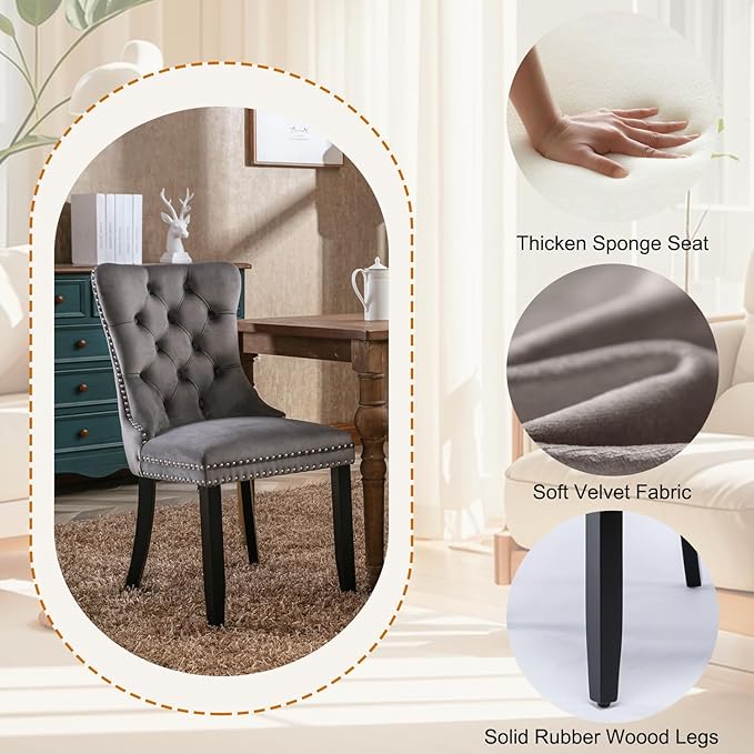 3-Piece Faux Marble Round Dining Table Set for 2, Modern Luxury Kitchen Table Set for 2 with Grey Tufted Chairs,Circle Dining Tables with White Marble Grain Top and Black Pedestal Base