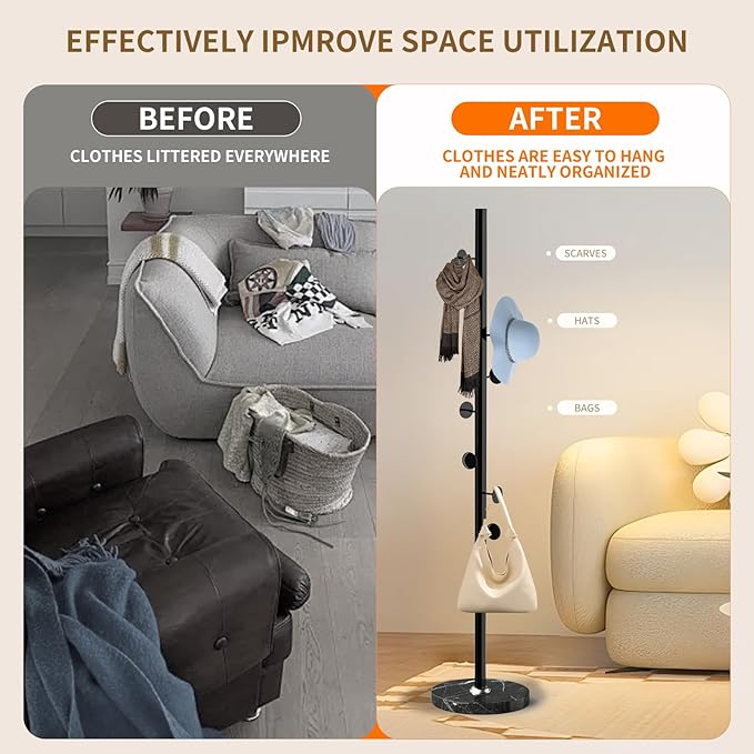 Modern Metal Coat Rack Stand with Natural Marble Base, Heavy Duty Coat Rack Freestanding with 8 Hooks, BlackStanding Coat Racks Hall Tree Stand for Bag, Jacket, Entryway Office