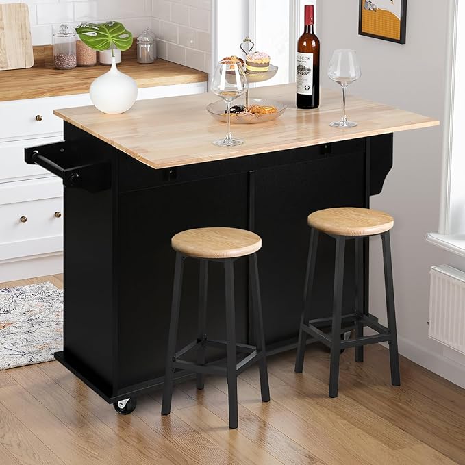 VOWNER 43" W Kitchen Island with Drop Leaf, Rolling Kitchen Island with Drawers, Portable Island Kitchen with Storage, Floating Kitchen Cart with Spice Rack & Towel Rack, Isla para Cocina (Black)