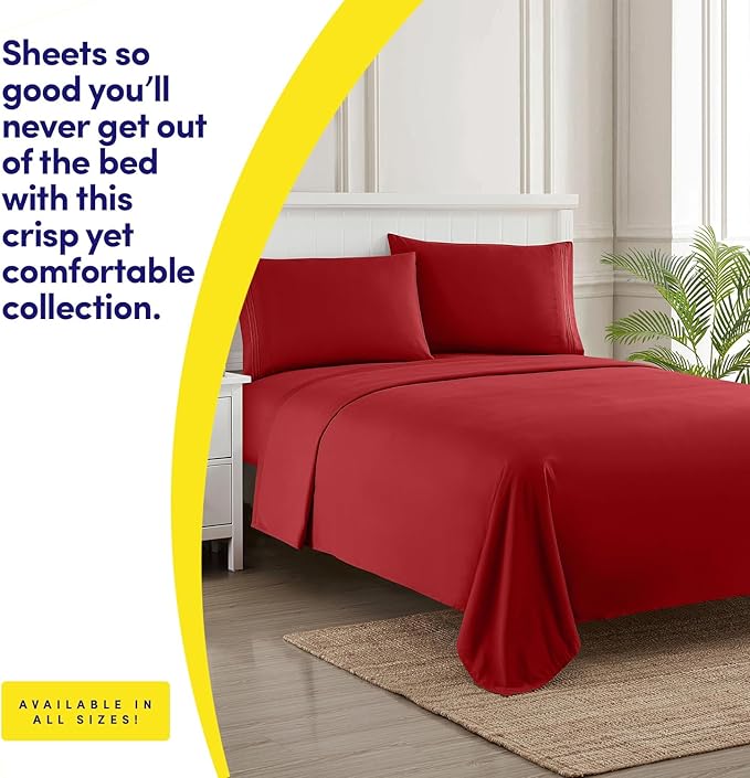 1500 Supreme Collection Bed Sheet Set - Extra Soft, Elastic Corner Straps, Deep Pockets, Wrinkle & Fade Resistant Hypoallergenic Sheets Set, Luxury Hotel Bedding, Full, Red