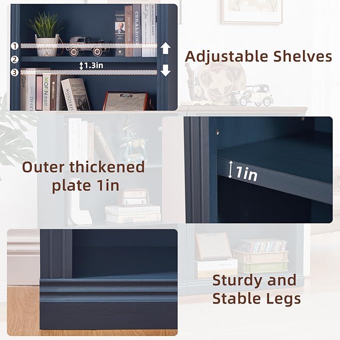 43" Blue Tall Bookshelf Set of 4,3-Tier Thick Wooden Book Shelf with Adjustable Shelves,Free Standing Farmhouse Bookcase with Open Display Storage,Floor Vintage Bookshelves for Living Room