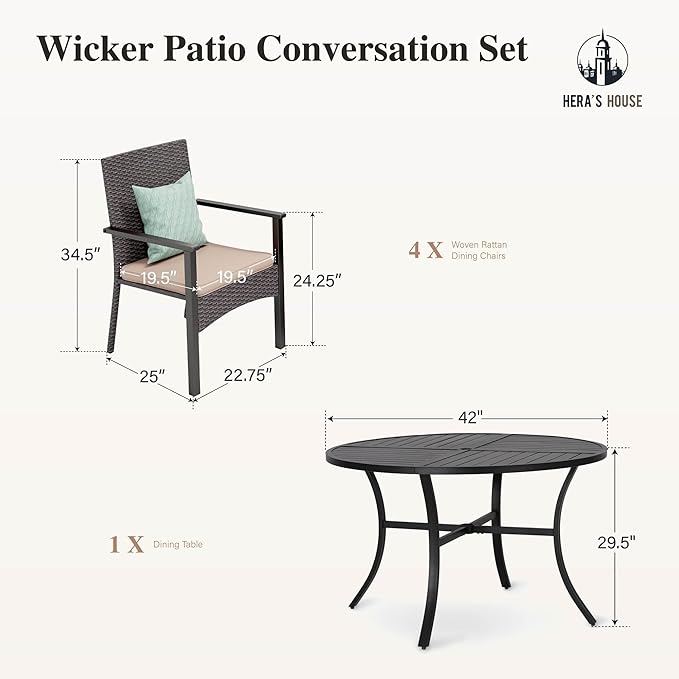 HERA'S HOUSE 5 Pieces Patio Dining Set,Outdoor Dining Set for 4,4 x Rattan Armchair with Removable Soft Cushions and 1 x 42 Inches Round Metal Dining Table, Suitable for Lawn, Garden, Backyard, Deck