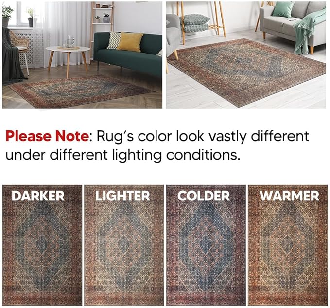 Keen Home Design 8x10 Rug - Machine Washable Area Rug with Non-Slip Backing, Ideal for Living Room, Dining Room, Bedroom - Vintage, Easy Clean, Durable, Low Pile Rug - (8' x 10')