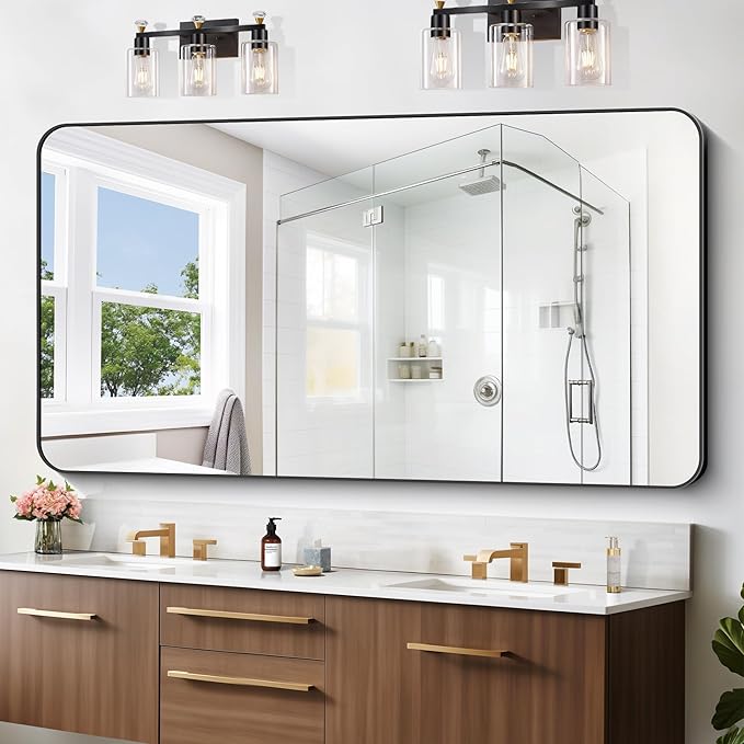 Large Bathroom Mirror 72x36 inch, Black Rectangle Mirrors with Metal Frame, Rounded Corner Rectangular Mirror for Bathroom, Oversized Wall Mounted Mirror for Over Sinks Living Room Bedroom