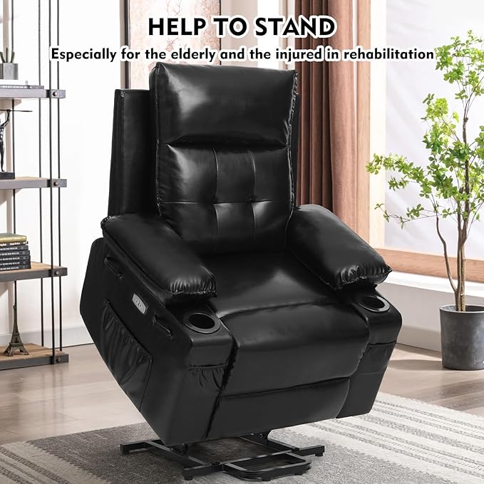 Polar Aurora Power Lift Chair for Elderly,Electric Recliner Chair with Vibrating Massage & Heating,Living Room Chair with Thickened armrest,USB Ports,2 Cup Holders,Black