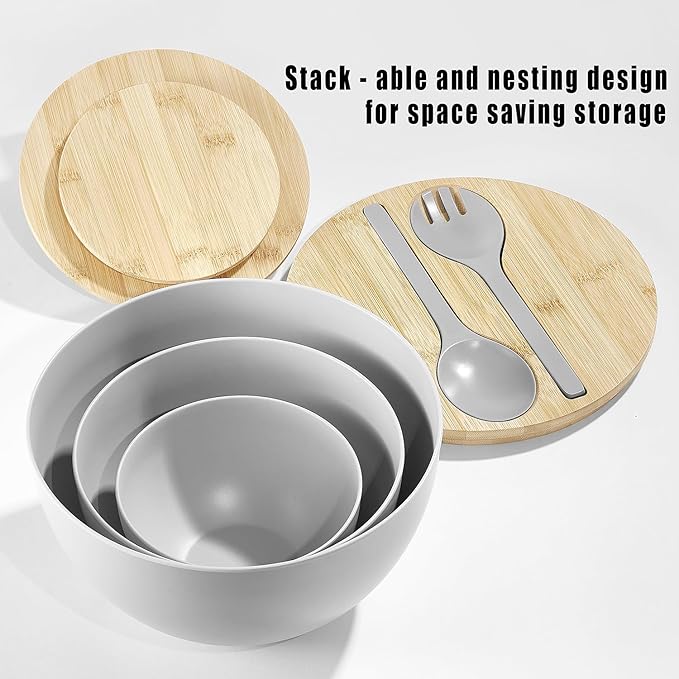 Salad Bowls Set of 3 with Lid & Serving Utensils, Bamboo Fiber Mixing Bowls Set Large Serving Bowls & Storage Set with Bamboo Lid for Salad, Kitchen Eating, Pasta, Popcorn, Chips, Fruit, Grey