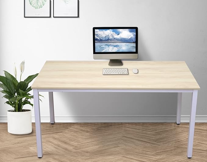 55 inch Large Computer Desk Wood, Modern Simple Style Desk for Home Office, Bedroom, Study Student Writing Desk, Small Spaces, White Metal Frame, Apple Wood Grain Top