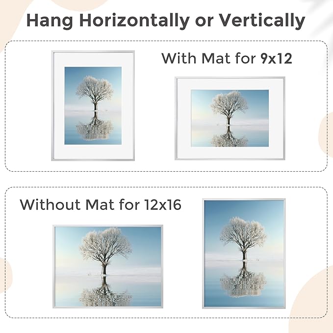 12x16 Metal Picture Frame For Wall With Mat For 9x12, 12''x16'' Aluminum Certificate Document Frames With Tempered Glass, Minimalist Modern Poster Frame Horizontally And Vertically, Silver