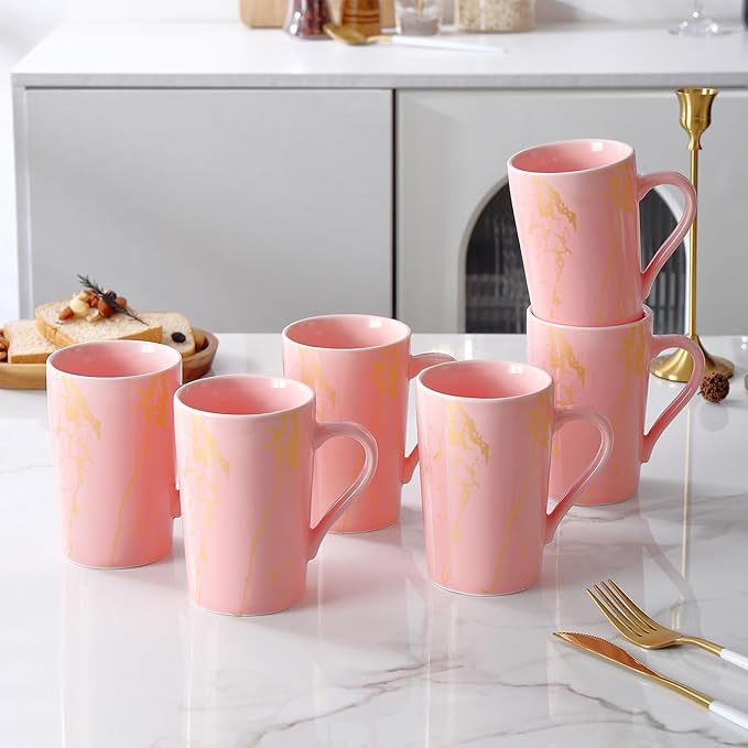 Porcelain Coffee Mugs, 12 Ounce, Set of 6, Pink | Hot Tea | Cappuccino | Mocha | Cocoa | Cups for Latte