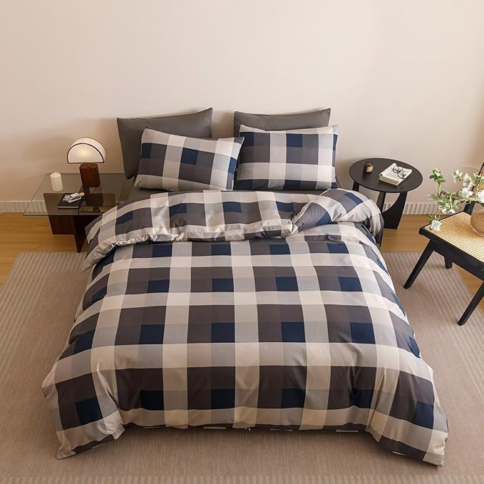 Cottonight Checkered Blue Comforter Set Full Gingham Grid Bedding Set Navy and Khaki Grid Comforter Fluffy Soft Bedding Set Kids Teens Full Comforter with 2 Pillowcases