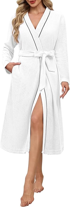 Ekouaer Robes for Women Long Sleeves Bathrobe V Neck Cozy Housecoat Lightweight Fleece Robe with Pockets S-XXL